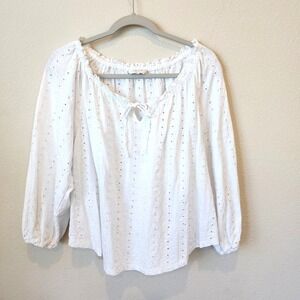 Lucky Brand Womens White Eyelet 100% Cotton Peasant Prairie Long Sleeve Top, S
